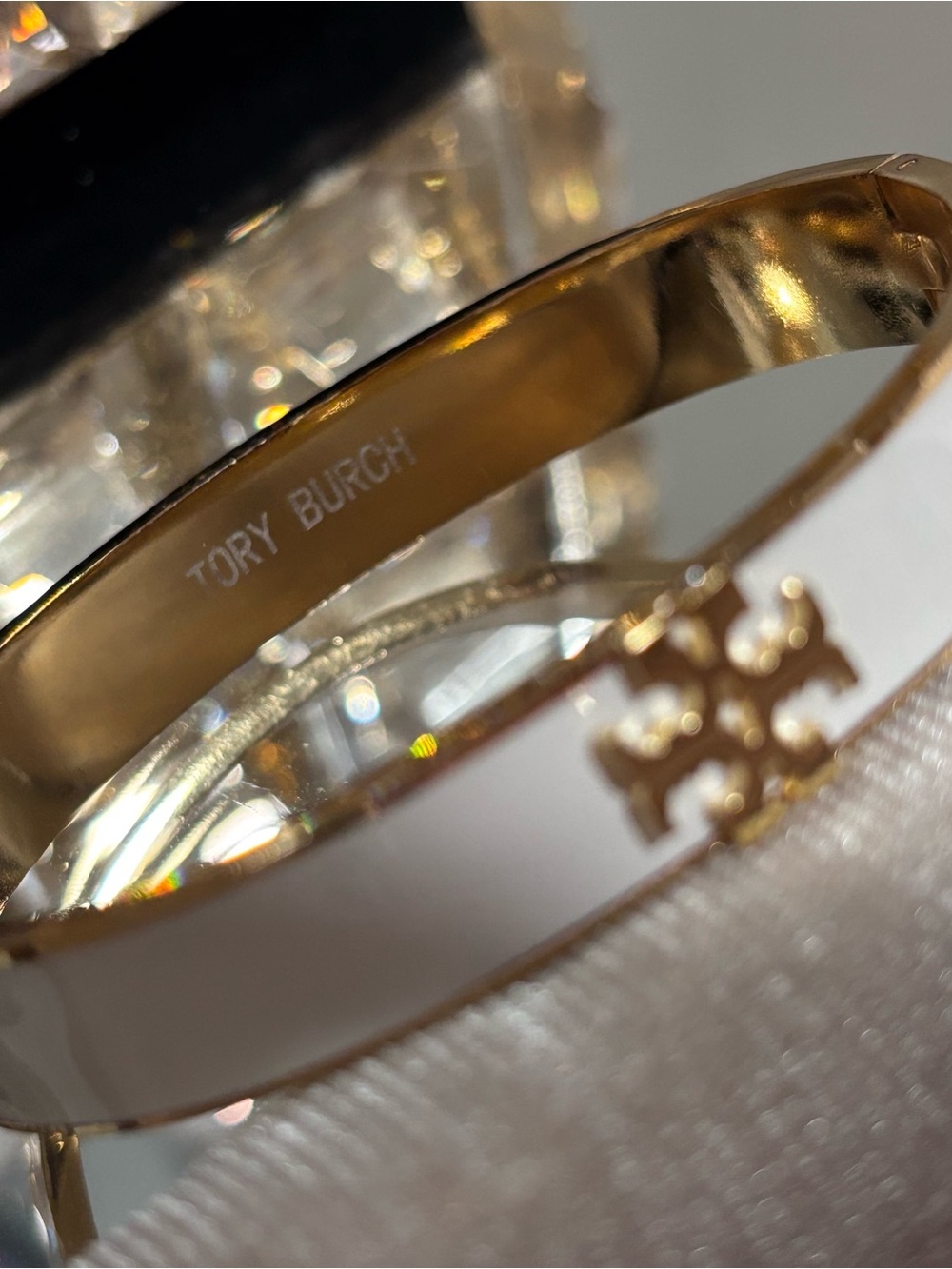 Tory Burch Gold and White Logo Bangle Bracelet